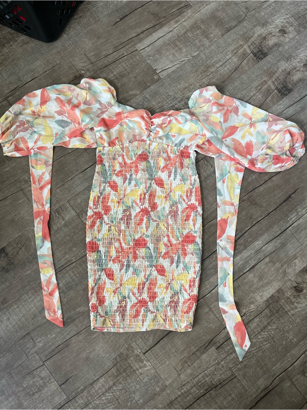 Floral Maturnity Smocked Off-Shoulder Mini Dress in Coral Multi